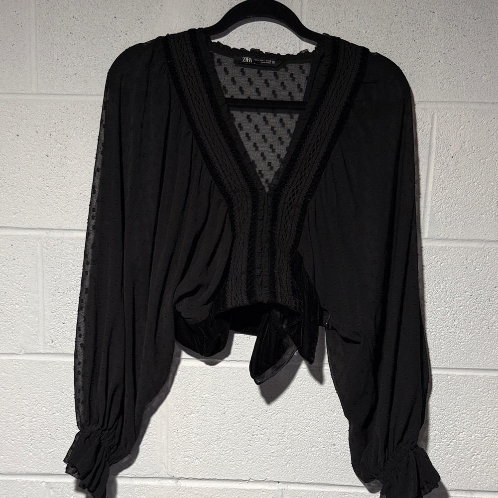 Zara Black Sheer Dotted V-Neck Blouse